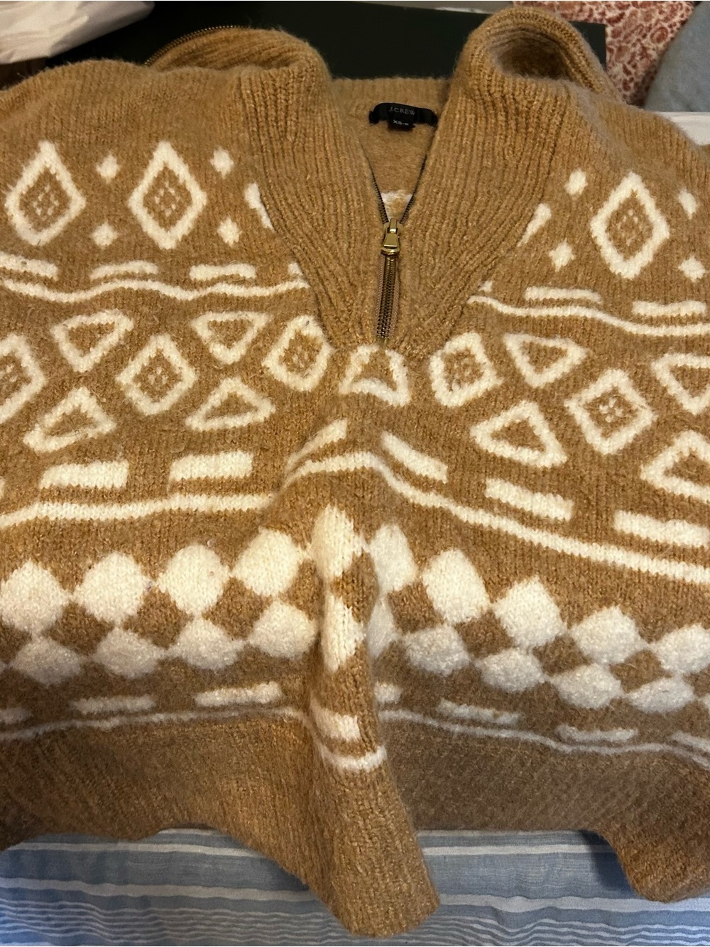 J. Crew Camel & Cream Fair Isle Half-Zip Sweater